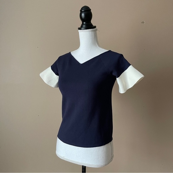 ANN TAYLOR | Navy Blue Bell Short Sleeve Stretchy Blouse Sz SP - Picture 4 of 8